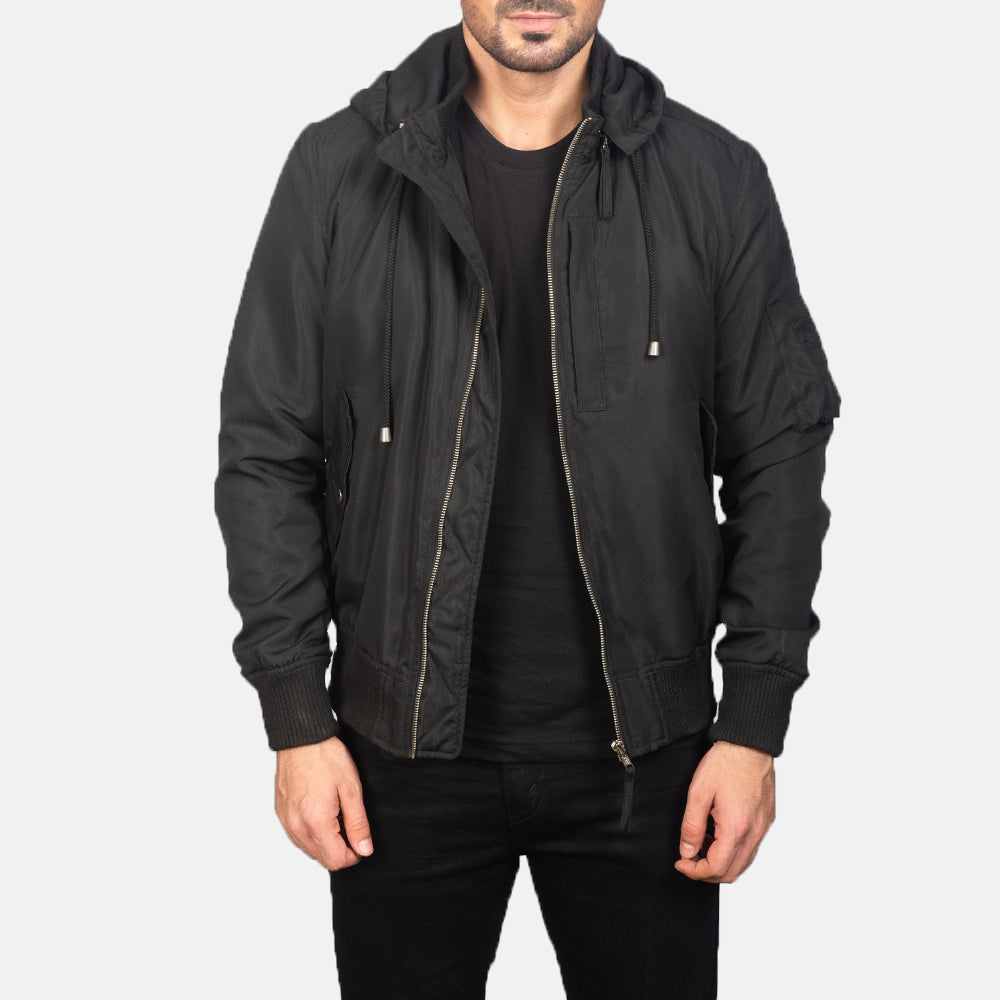 
Hanklin Ma-1 Black Hooded Bomber Jacket in Black Polyester - Вид спереди и приталенный силуэт | Купить в официальном онлайн-магазине