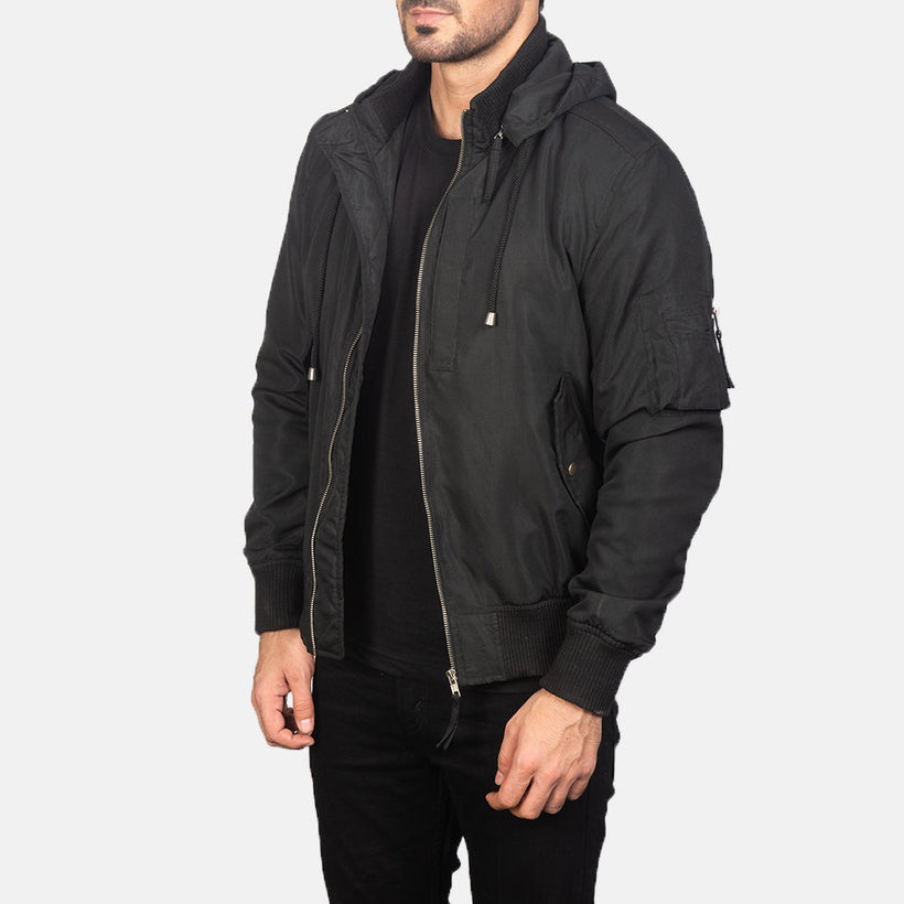 Hanklin MA-1 Черная Hooded Кожаный бомбер мужская
