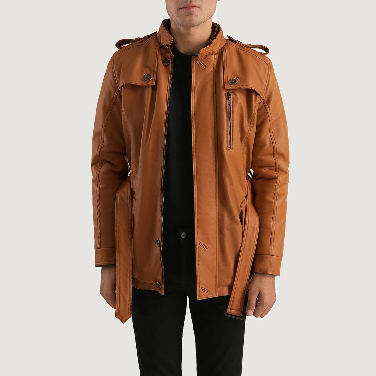
Hunter Рыжий Коричневый Fur Кожаная куртка для Мужчин in Tan Brown Sheepskin Leather - Вид спереди и приталенный силуэт | Купить в официальном онлайн-магазине