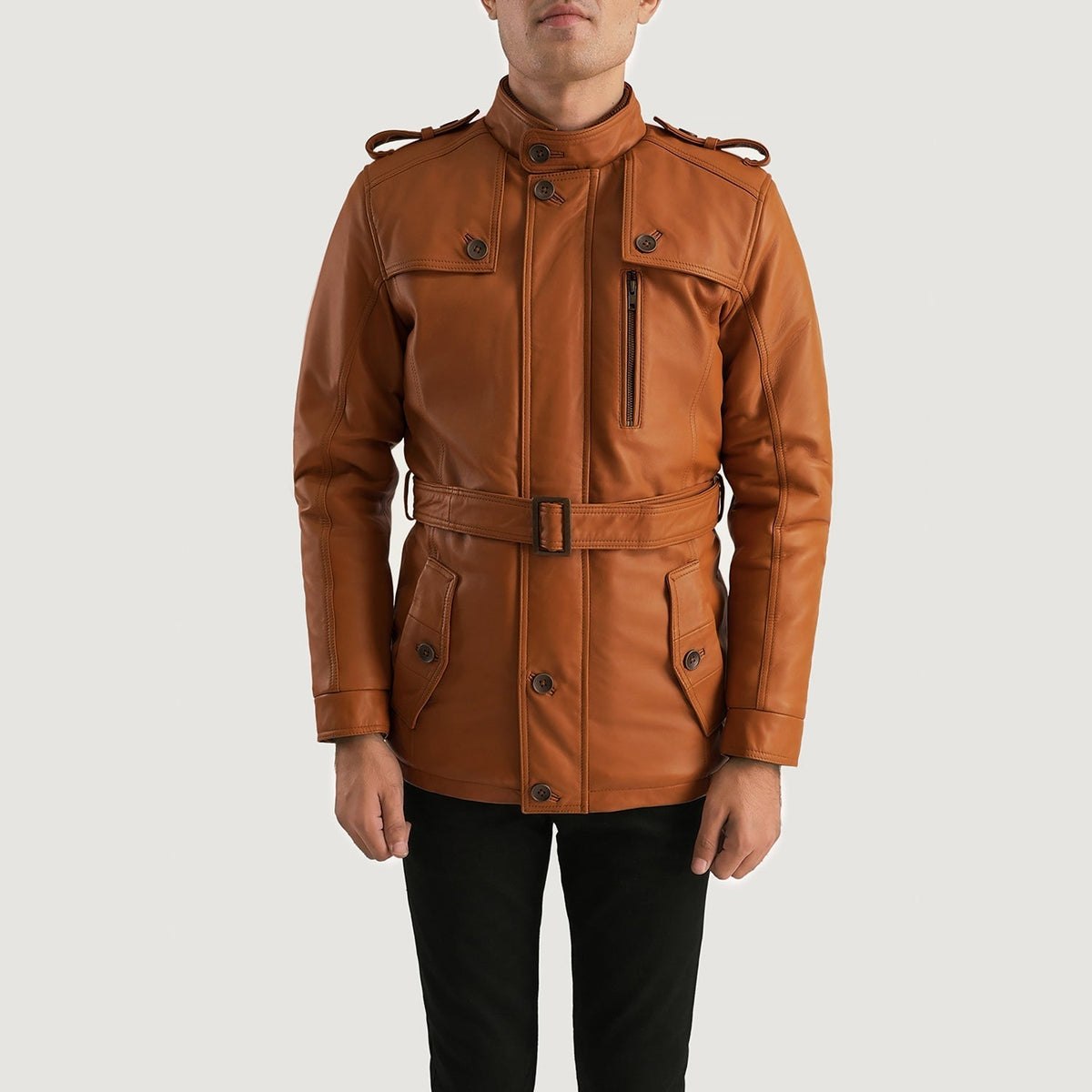 
Крупный план деталей of Band (Buttoned) & Zipper with Button Flap Hardware on Hunter Рыжий Коричневый Fur Кожаная куртка для Мужчин