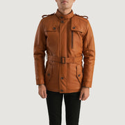 
Крупный план деталей of Band (Buttoned) & Zipper with Button Flap Hardware on Hunter Рыжий Коричневый Fur Кожаная куртка для Мужчин
