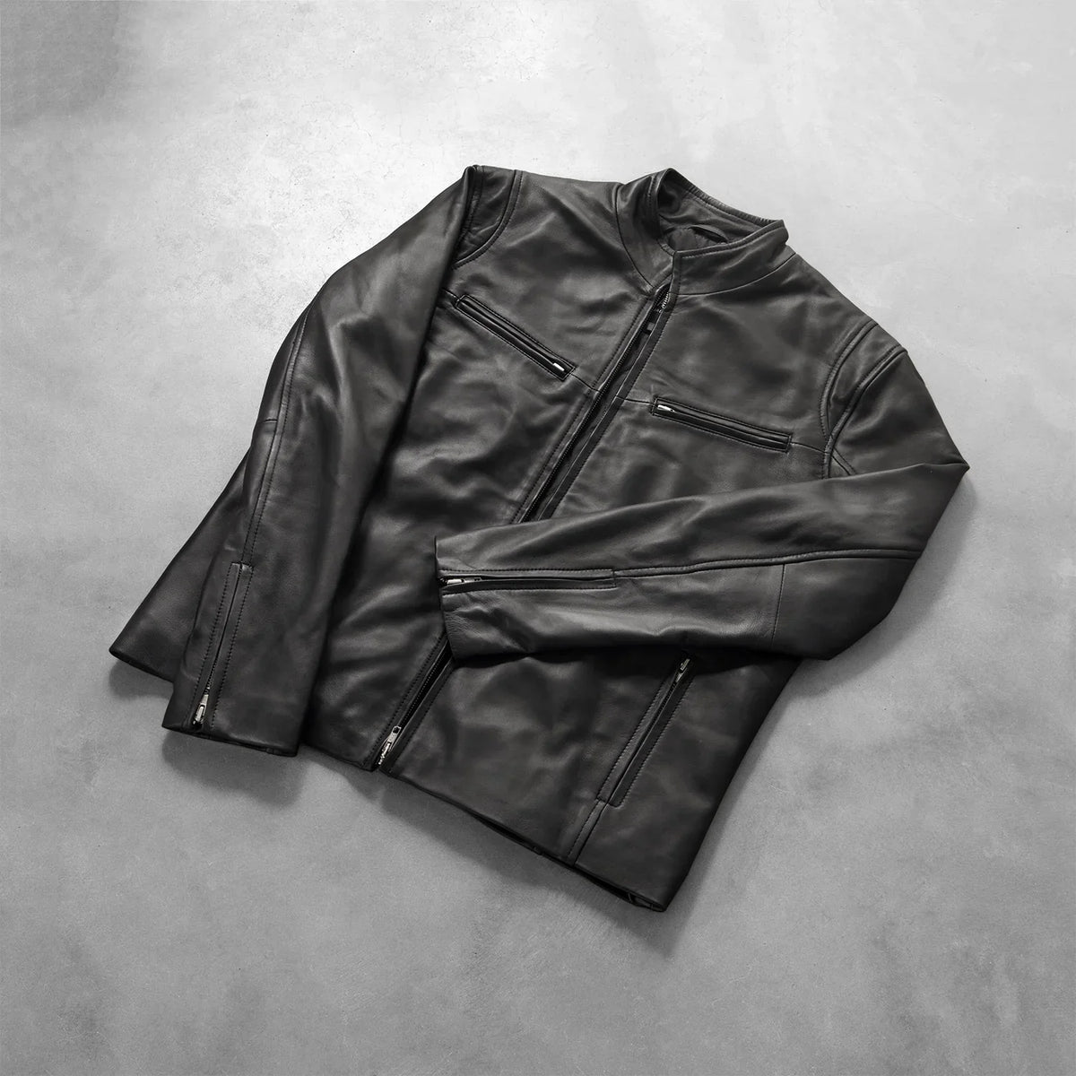 
Zipper & Hem Craftsmanship Construction Detail on Ionic Black Leather Jacket