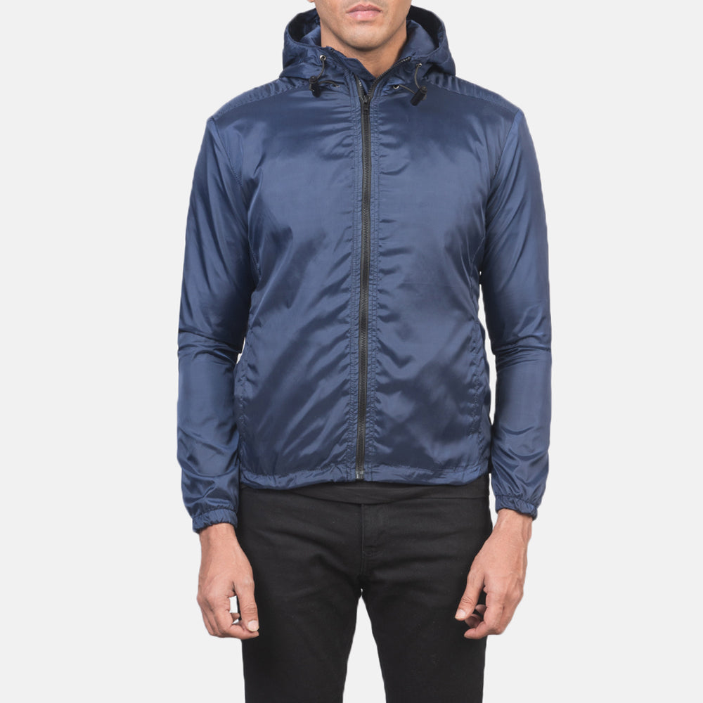 
Jimmy Синий Hooded Windbreaker Кожаная куртка для Мужчин in Blue Nylon - Вид спереди и приталенный силуэт | Купить в официальном онлайн-магазине