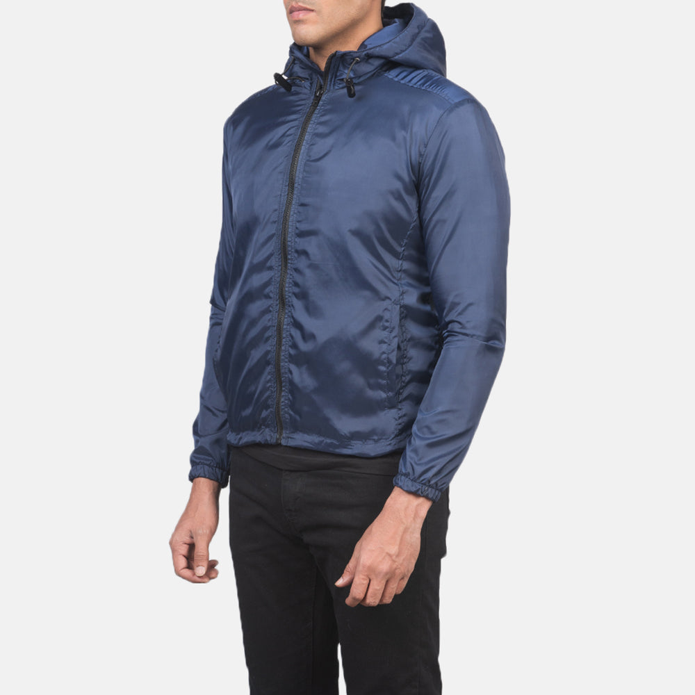 Blue Nylon Hooded Jacket - Вид сзади, подчеркивающий посадку по плечам и ровный край
