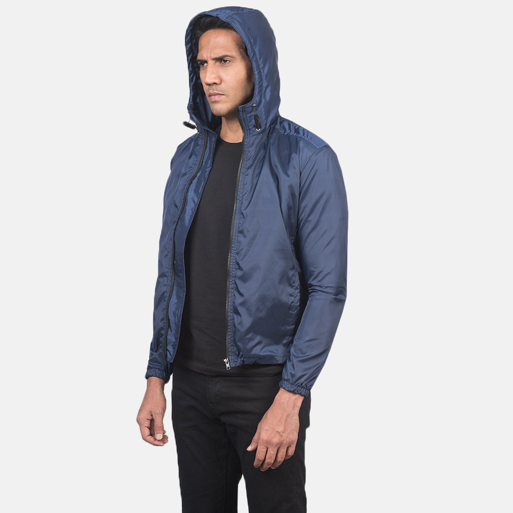 
Крупный план деталей of High Neck with Hood & Zipper with wind flap Hardware on Jimmy Синий Hooded Windbreaker Кожаная куртка для Мужчин