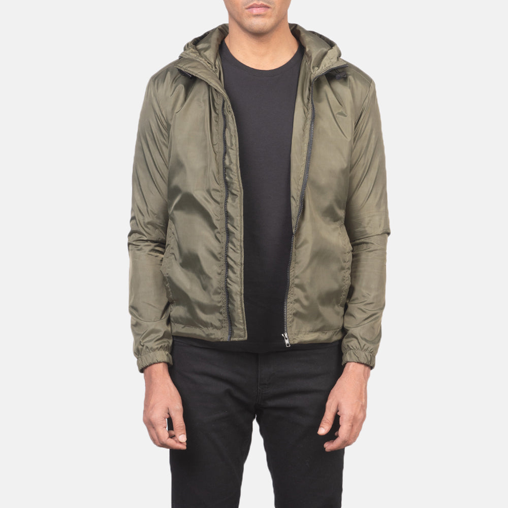 Jimmy Green Hooded Windbreaker Jacket in Green Nylon - Вид спереди и приталенный силуэт | Купить в официальном онлайн-магазине