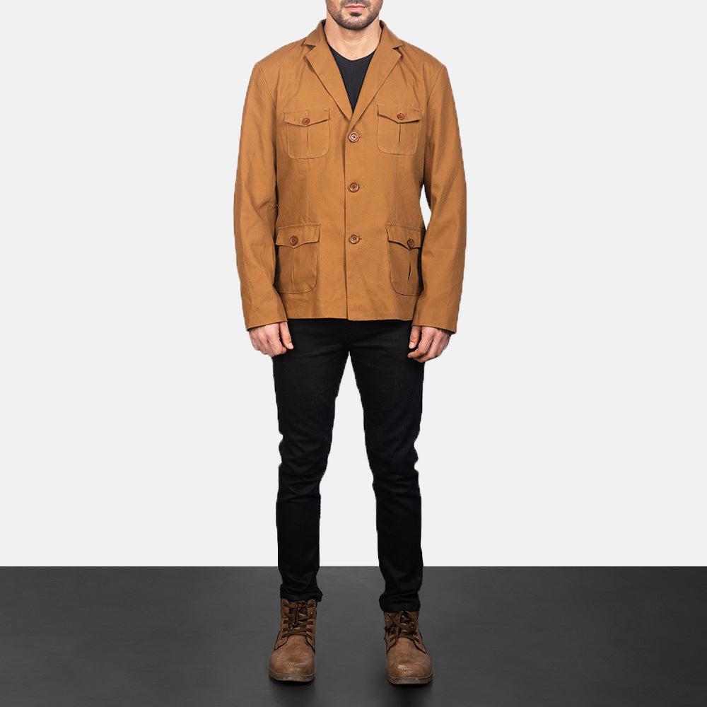 
Kajetan Khaki Safari Кожаная куртка для Мужчин - Вид сбоку, демонстрирующий эргономичный крой рукава