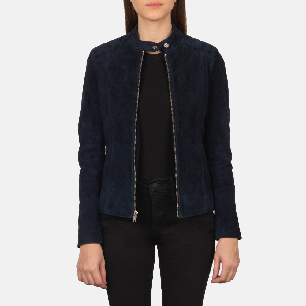 Kelsee Navy Blue Suede Biker Jacket in Navy Blue Goatskin Suede - Вид спереди и приталенный силуэт | Купить онлайн