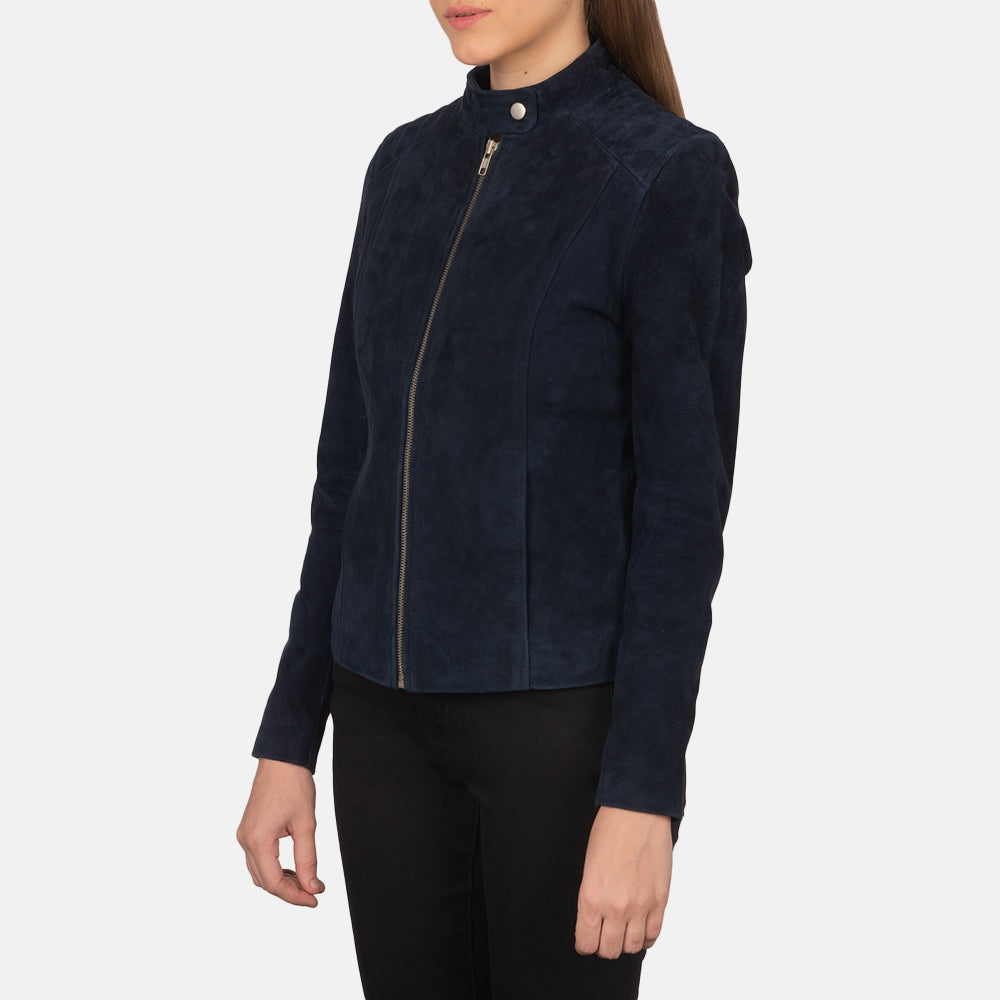 Navy Blue Goatskin Suede Biker Jacket - Вид сзади с идеальной посадкой по плечам и ровным подолом
