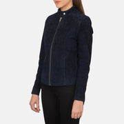 Navy Blue Goatskin Suede Biker Jacket - Вид сзади с идеальной посадкой по плечам и ровным подолом