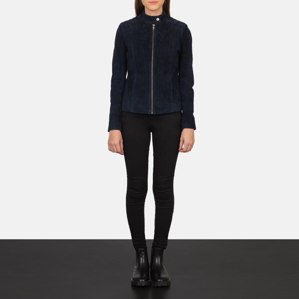 Kelsee Navy Blue Suede Biker Jacket - Вид сбоку с анатомическим кроем рукава