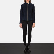 Kelsee Navy Blue Suede Biker Jacket - Вид сбоку с анатомическим кроем рукава