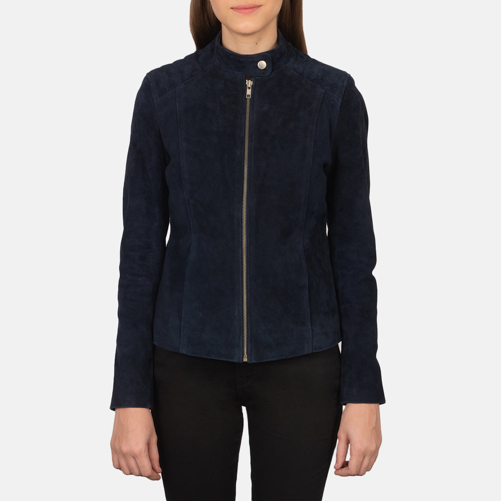 Крупный план деталей of Band with snap button &amp; Zipper Hardware on Kelsee Navy Blue Suede Biker Jacket