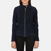 Крупный план деталей of Band with snap button &amp; Zipper Hardware on Kelsee Navy Blue Suede Biker Jacket