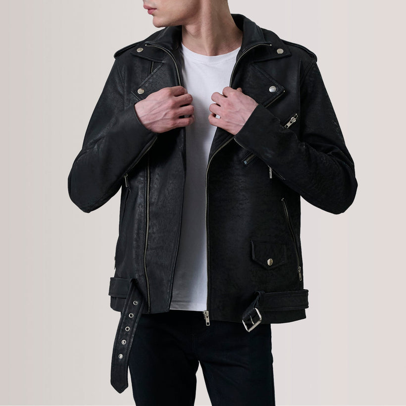 Kole Distressed Черный Leather Double Rider Кожаная куртка для Мужчин
