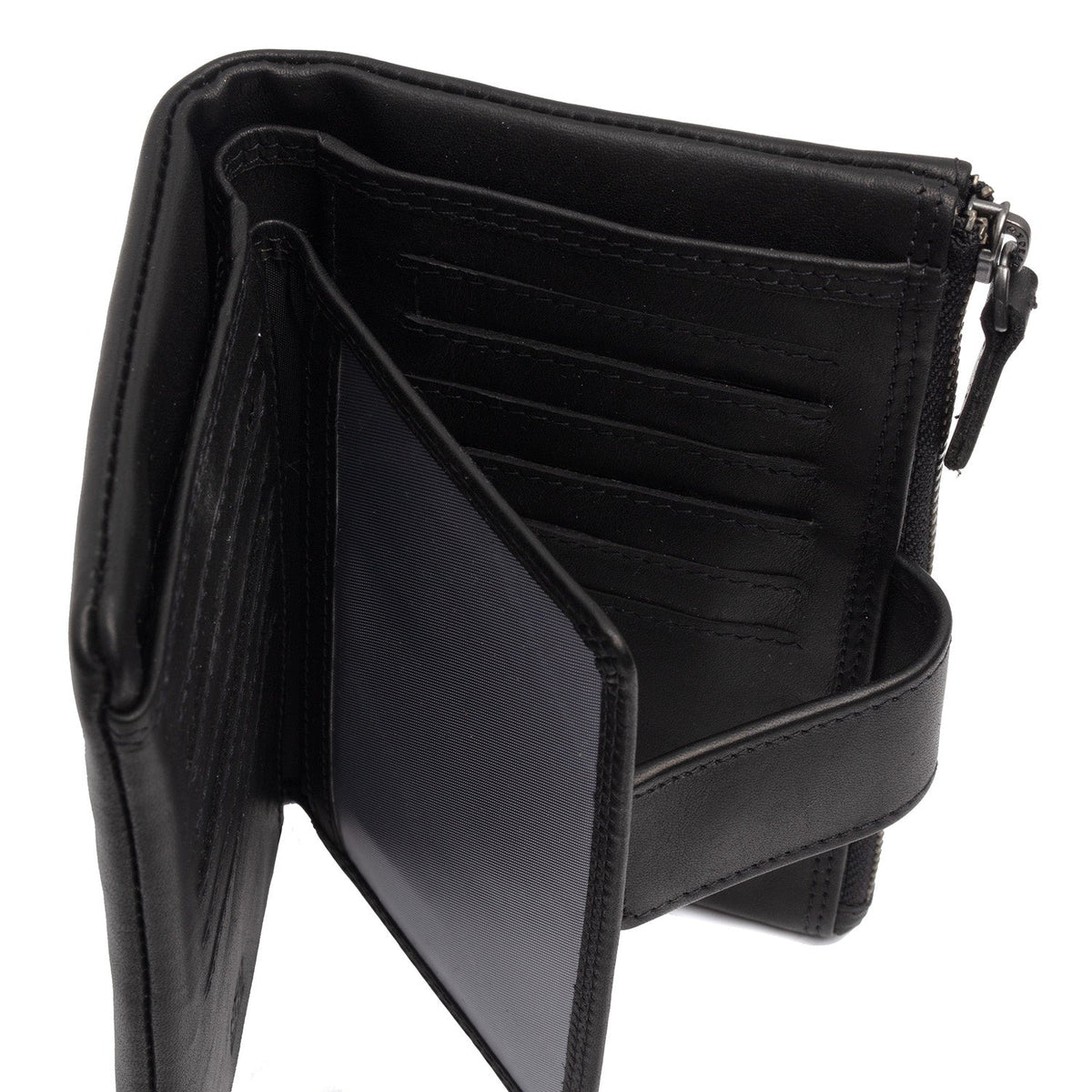 
Solid Antique Brass Hardware & Heavy-Duty Dual Zipper Detail on Landau Кожаное портмоне