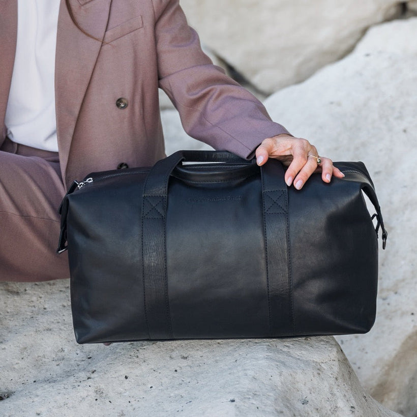 Classic 100% Full-Grain Leather Duffle Bag - Rear Perspective Showing Reinforced Leather Straps & Stitching