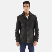 
Leo Черный Кожаное пальто для Мужчин in Black Cowhide Leather - Вид спереди и приталенный силуэт | Купить в официальном онлайн-магазине
