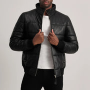 
Lucas Blue Leather Puffer Bomber Jacket in Blue Sheepskin Leather - Вид спереди и приталенный силуэт | Купить в официальном онлайн-магазине