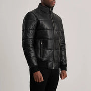 
Blue Sheepskin Leather Bomber Jacket - Вид сзади, подчеркивающий посадку по плечам и ровный край