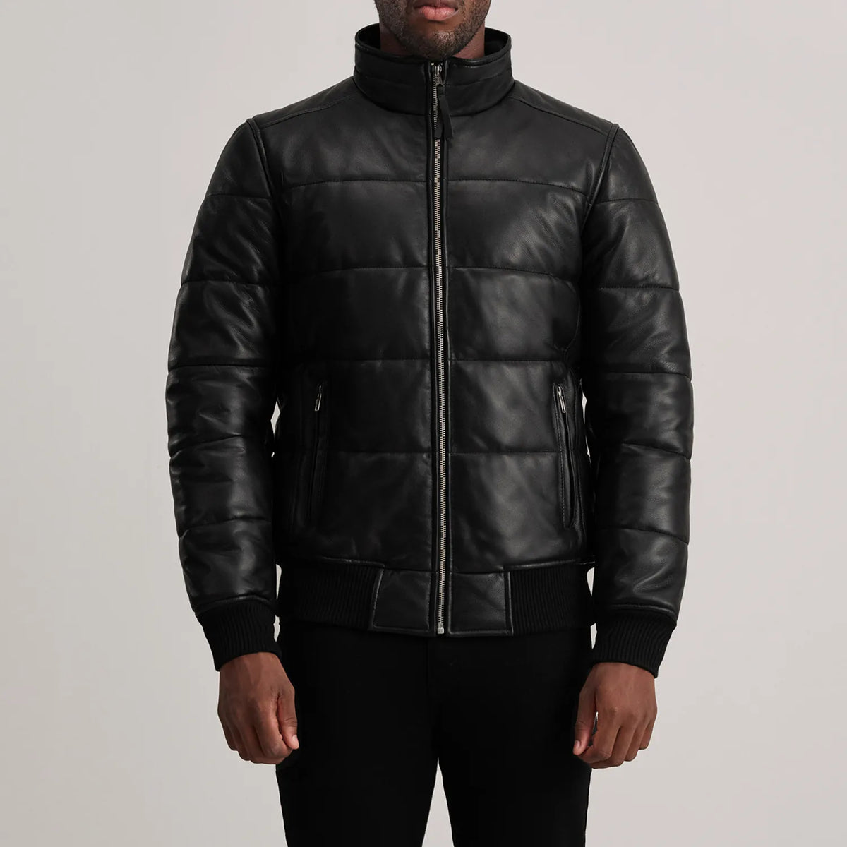 
Крупный план деталей of High neck & Zipper Hardware on Lucas Blue Leather Puffer Bomber Jacket