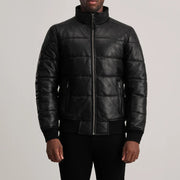 
Крупный план деталей of High neck & Zipper Hardware on Lucas Blue Leather Puffer Bomber Jacket