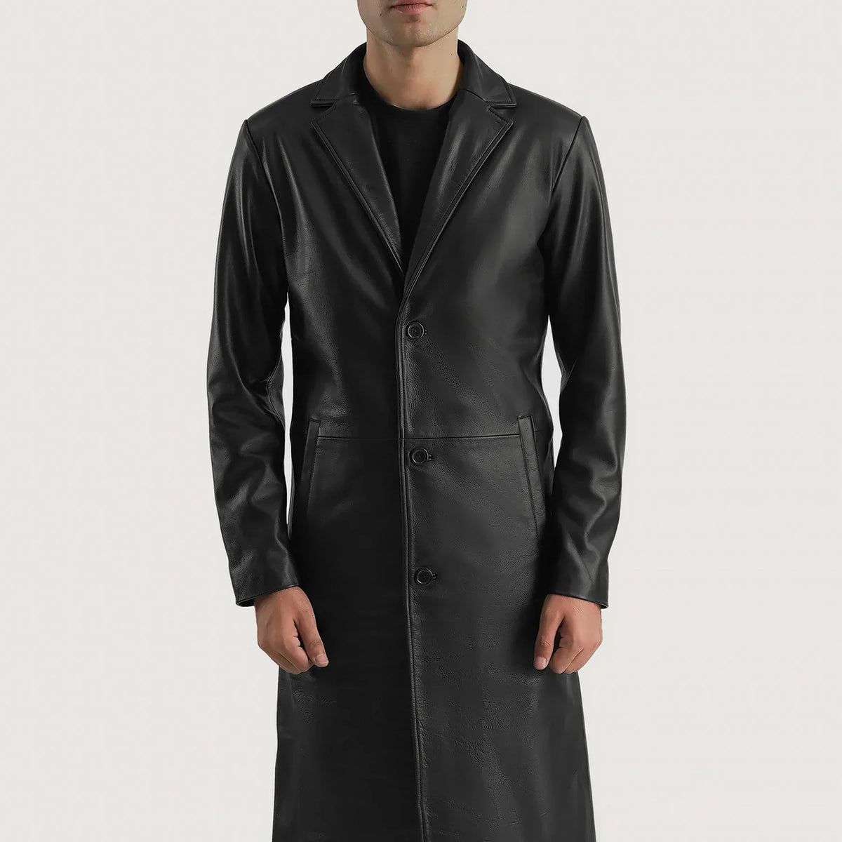 
Крупный план деталей of Notch & Button Hardware on Mateo Black Leather Single Breasted Coat