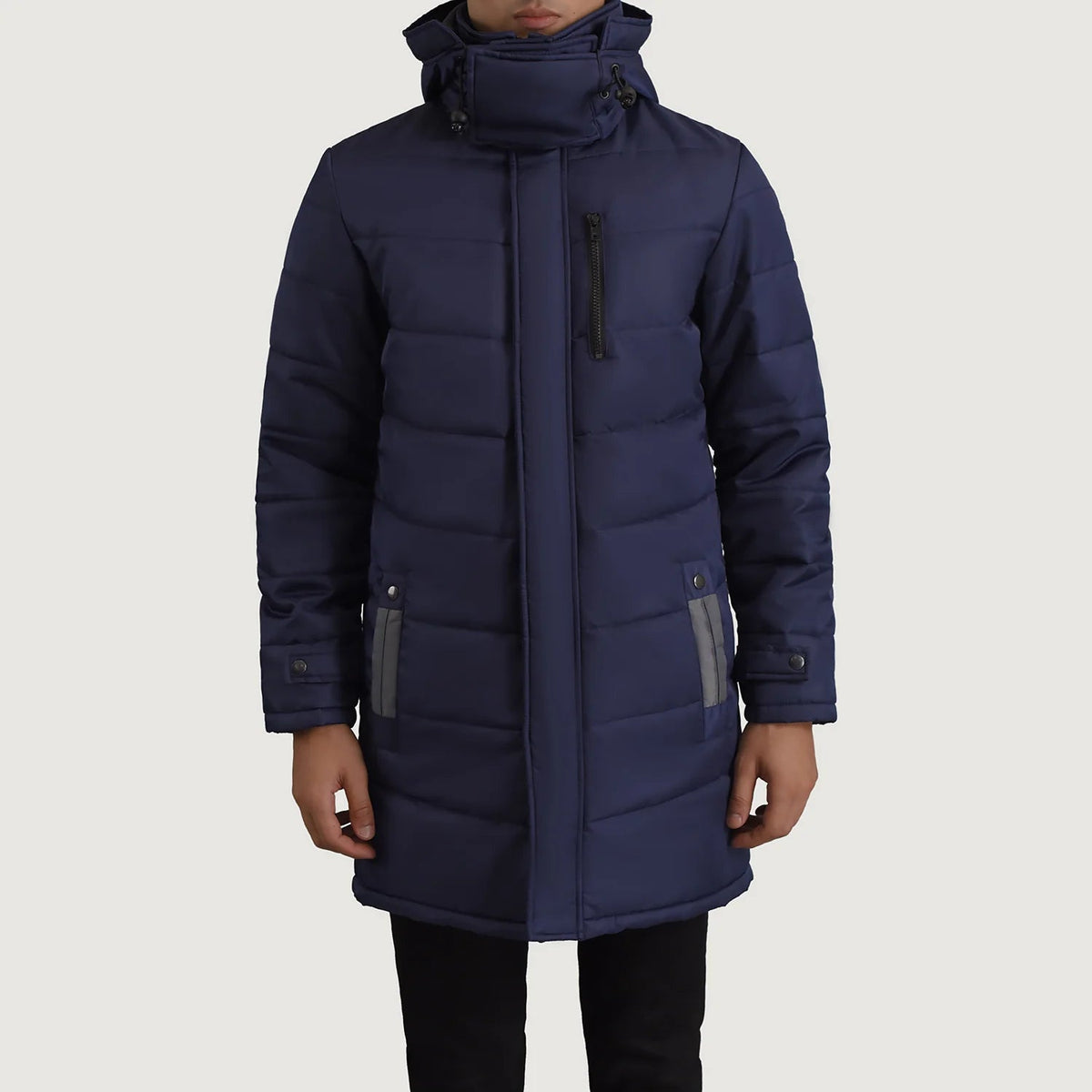 
Крупный план деталей of Classic Collar & Zipper With Snap Button Placket Hardware on Moore Синий Hooded Parka для Мужчин