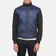 
Крупный план деталей of High Neck & Zipper with wind flap Hardware on Nashville Стеганый Синий Windbreaker Кожаная куртка для Мужчин