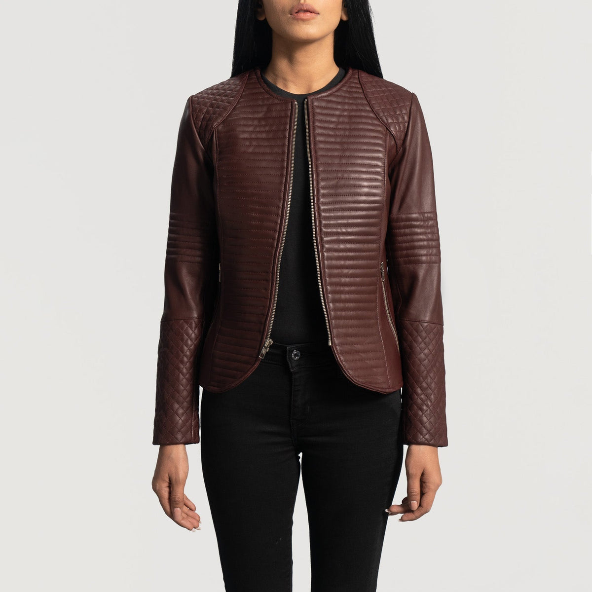 
Nexi Quilted Maroon Leather Jacket - Вид сбоку, демонстрирующий эргономичный крой рукава