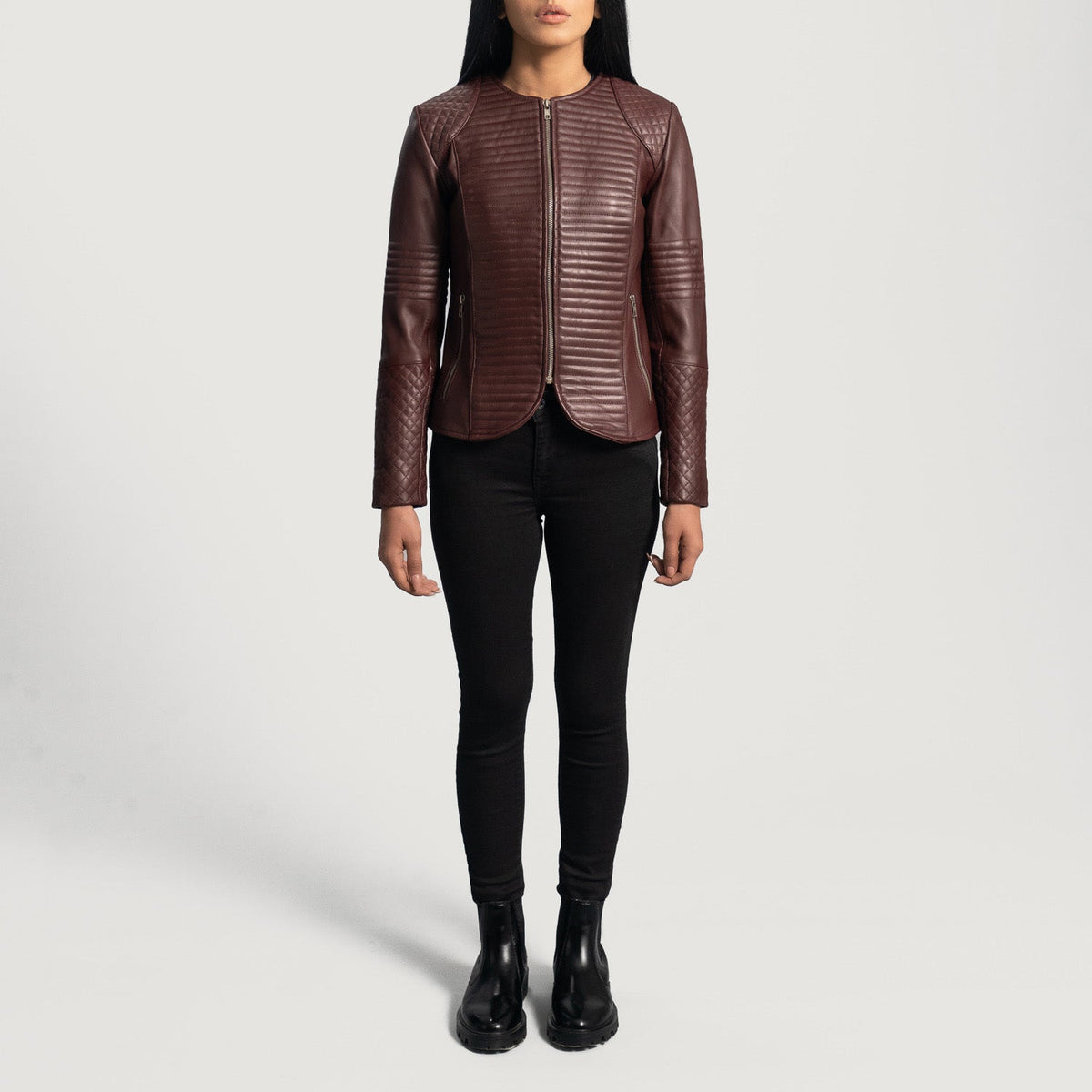 
Крупный план деталей of Classic Collar & Zipper Hardware on Nexi Quilted Maroon Leather Jacket