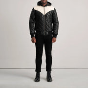 
Norman Tan Hooded Bomber Leather Puffer Jacket - Вид сбоку, демонстрирующий эргономичный крой рукава