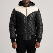 
Крупный план деталей of Hooded & Zipper Hardware on Norman Tan Hooded Bomber Leather Puffer Jacket