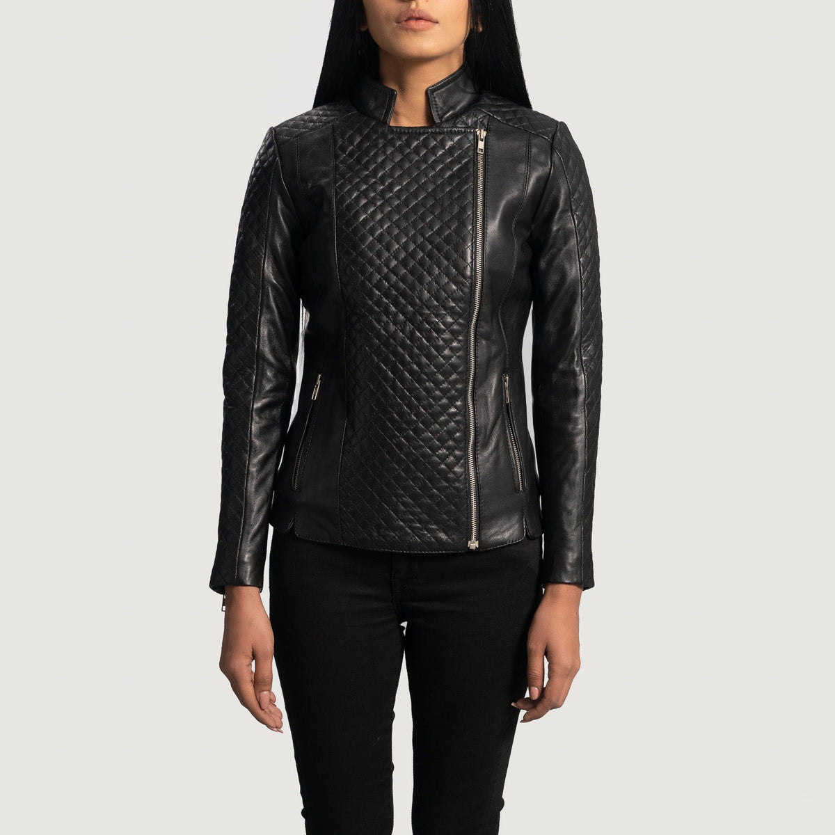 
Orient Grain Стеганый Черный Кожаная куртка-косуха для Женщин in Black Sheepskin Leather - Вид спереди и приталенный силуэт | Купить в официальном онлайн-магазине