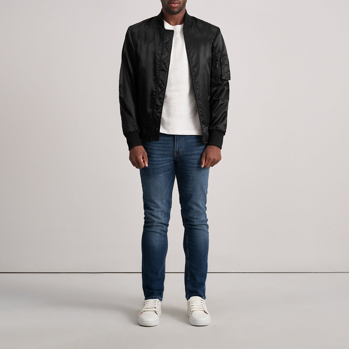 Close-Up Detail of Varsity &amp; Zipper Hardware on Quinton MA-1 Black Bomber Jacket