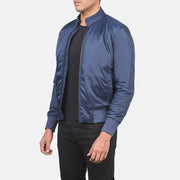 
Blue Nylon Bomber Jacket - Вид сзади, подчеркивающий посадку по плечам и ровный край