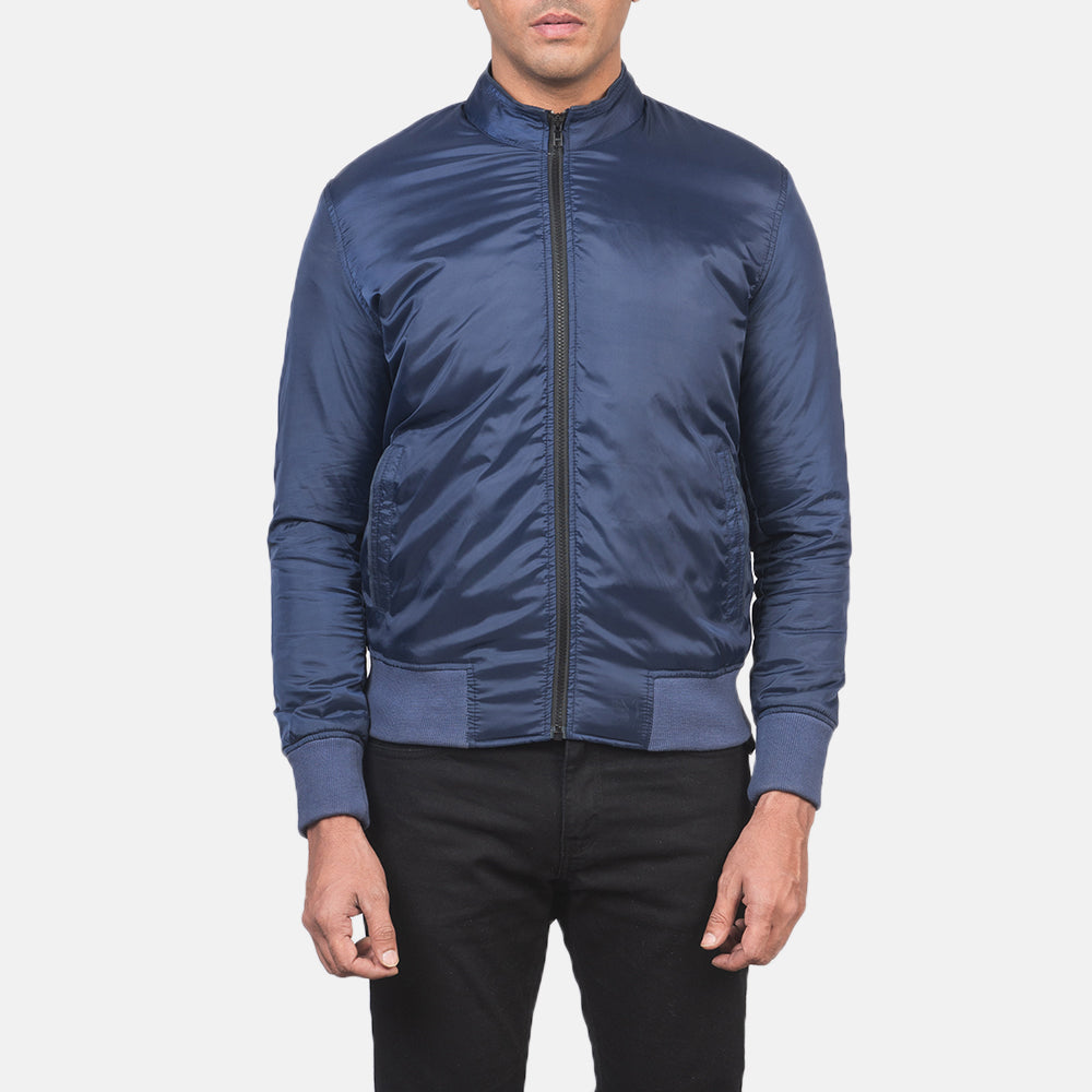 
Крупный план деталей of Band & Zipper with wind flap Hardware on Ramon Синий Кожаный бомбер для Мужчин