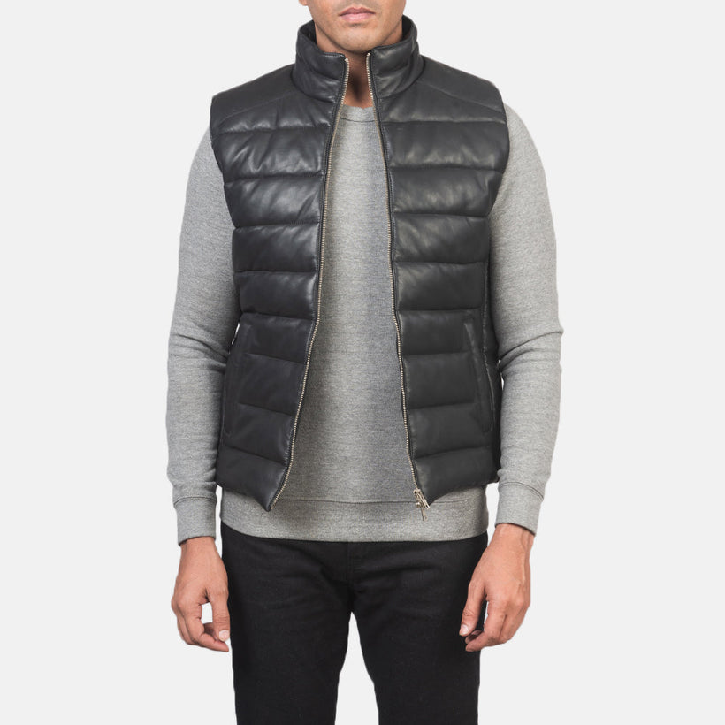 Reeves Черный Leather Утепленный жилет для Мужчин
