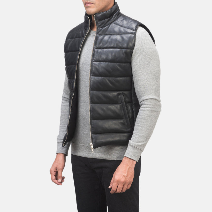 Reeves Черный Leather Утепленный жилет для Мужчин