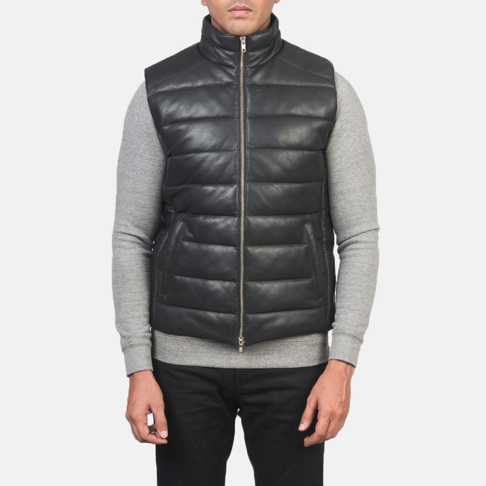 
Крупный план деталей of Classic Collar & Zipper with Dual Puller Hardware on Reeves Черный Leather Утепленный жилет для Мужчин