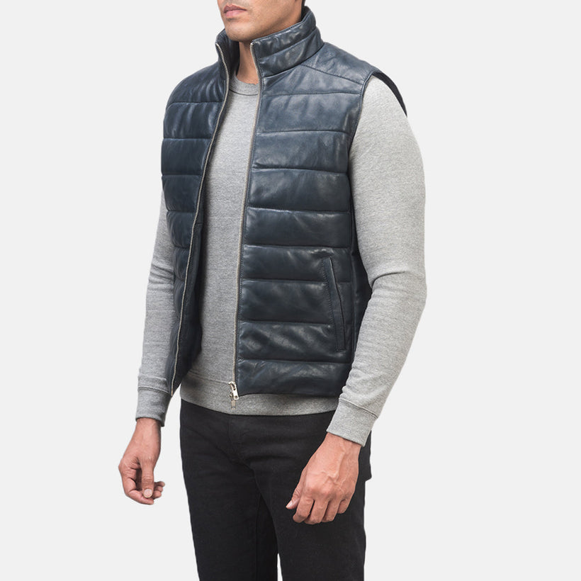 Reeves Синий Leather Утепленный жилет для Мужчин