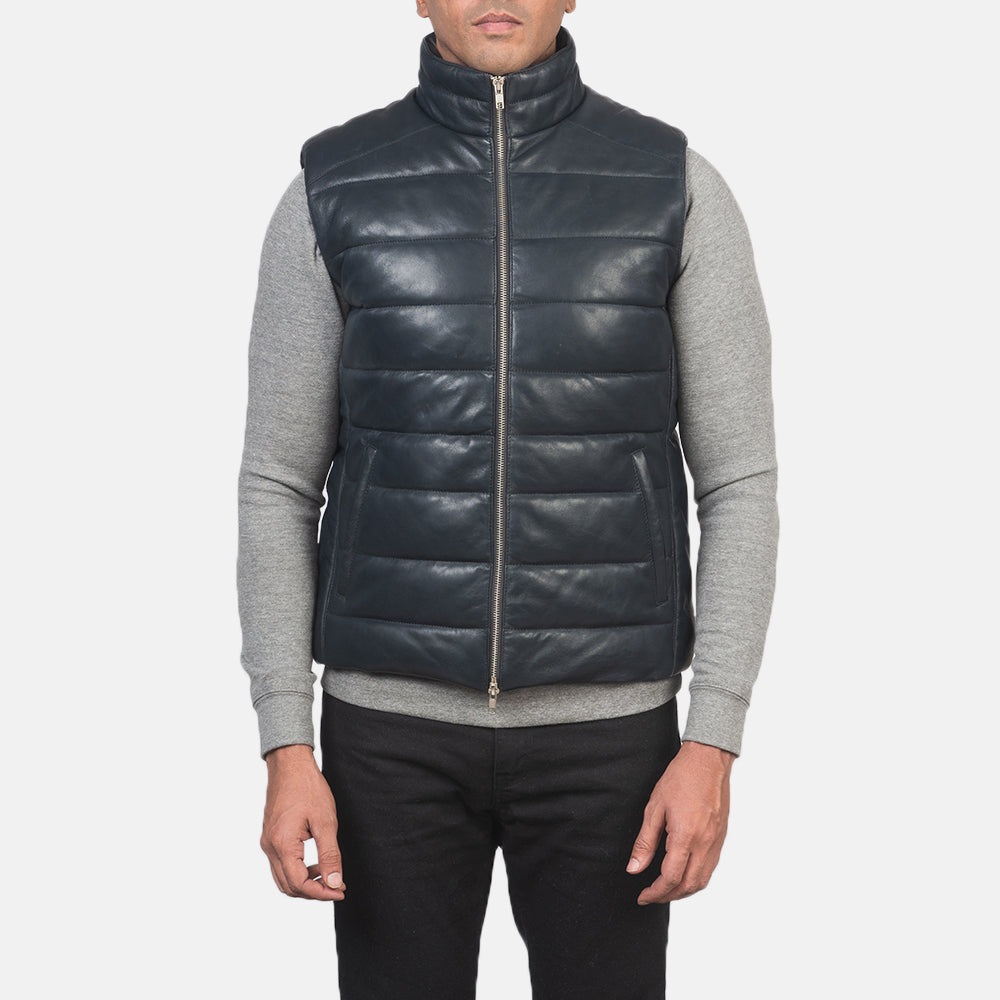 
Крупный план деталей of Classic Collar & Zipper with Dual Puller Hardware on Reeves Синий Leather Утепленный жилет для Мужчин