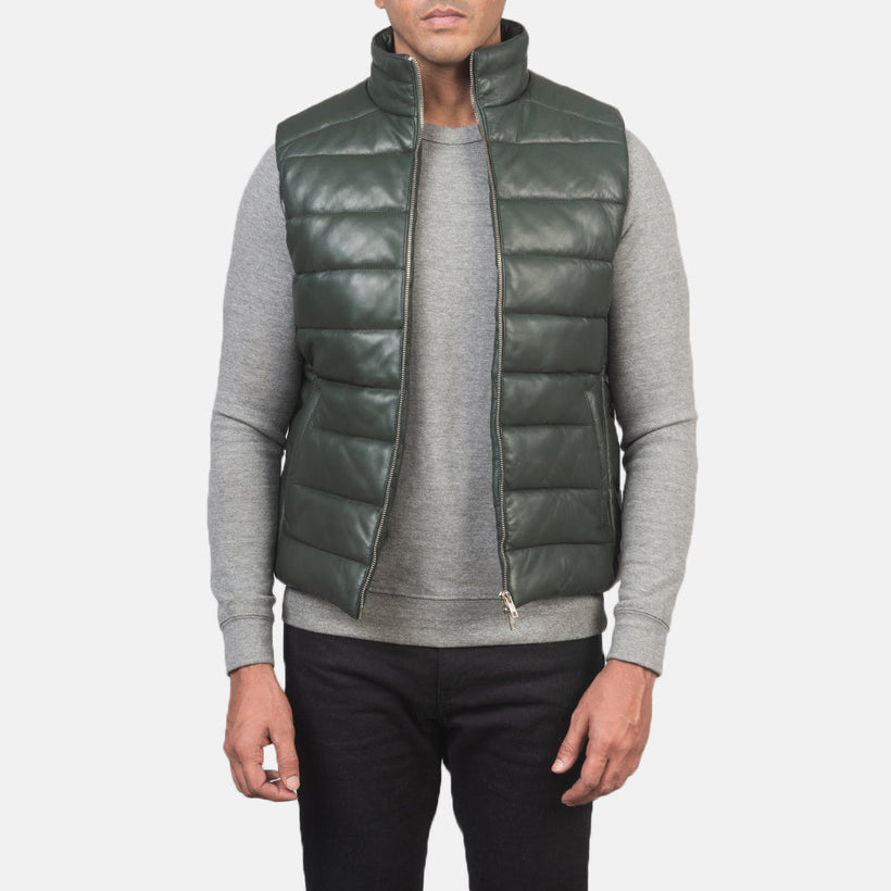 Reeves Оливковый Leather Утепленный жилет для Мужчин