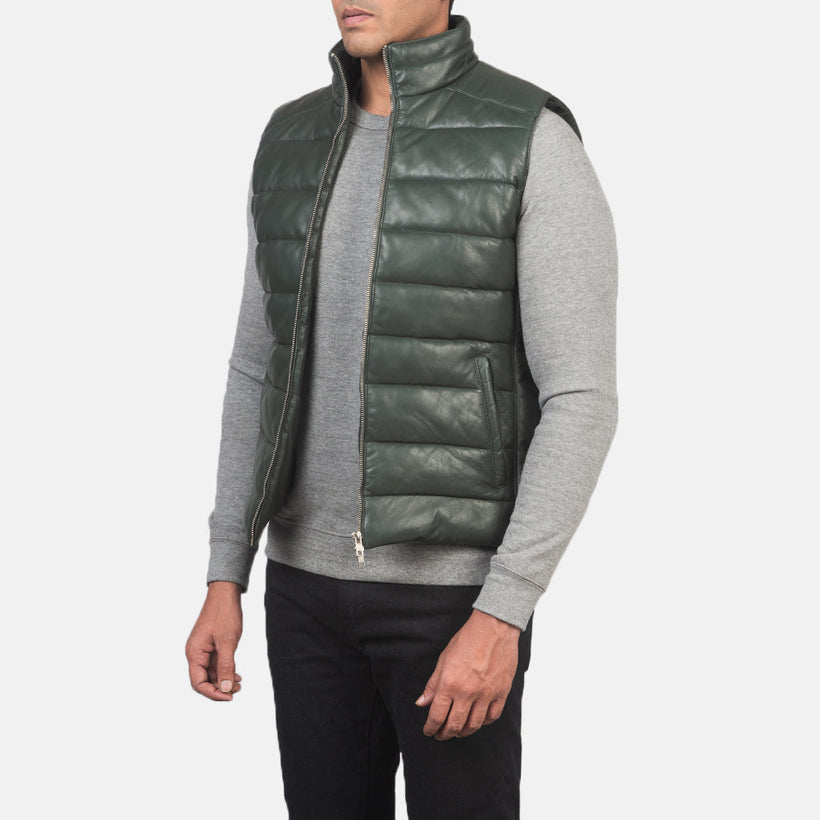 Reeves Оливковый Leather Утепленный жилет для Мужчин