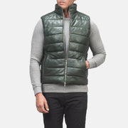 
Крупный план деталей of Classic Collar & Zipper with Dual Puller Hardware on Reeves Оливковый Leather Утепленный жилет для Мужчин