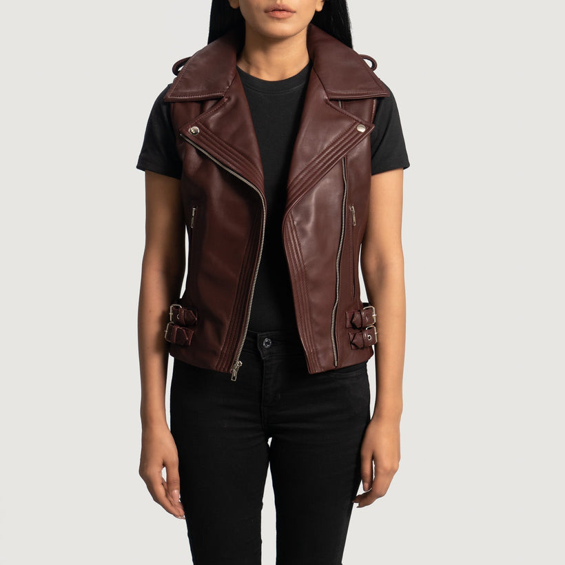 Rhonda Бордовый Leather Biker Vest для Женщин