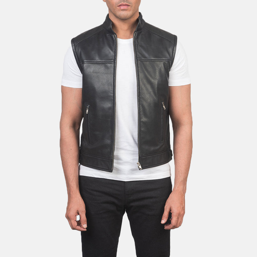 Roland Черный Leather Biker Vest для Мужчин