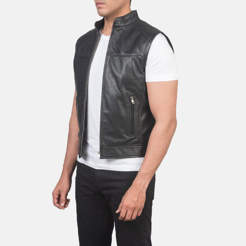 Roland Черный Leather Biker Vest для Мужчин