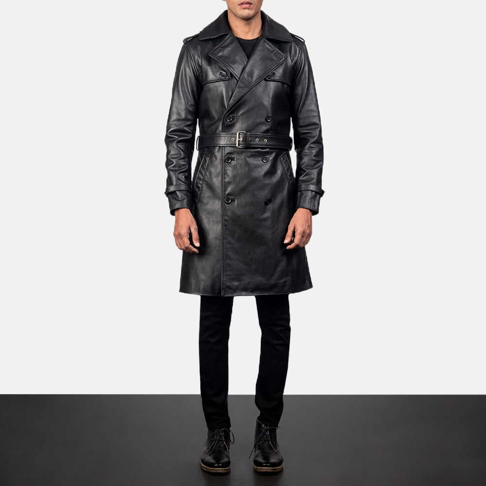 
Royson Черный Leather Duster Кожаное пальто для Мужчин in Black Cowhide Leather - Вид спереди и приталенный силуэт | Купить в официальном онлайн-магазине