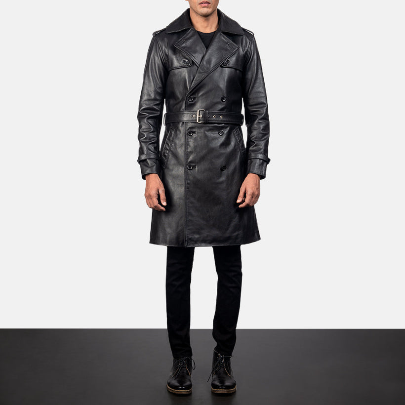 Royson Черный Leather Duster Кожаное пальто для Мужчин